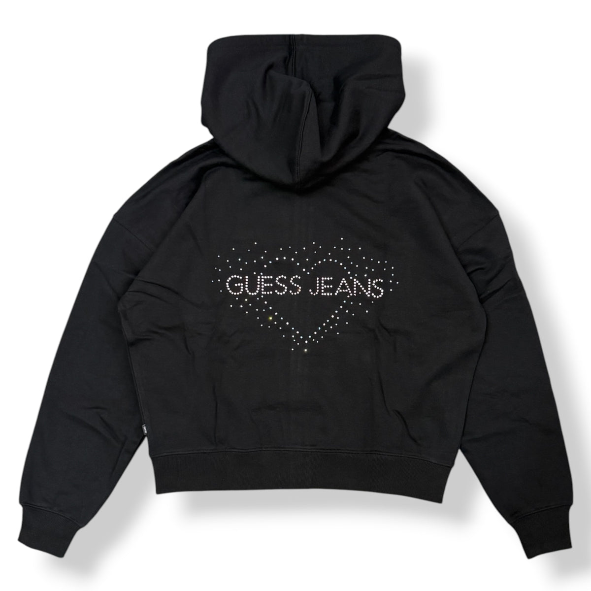 GUESS - Felpa Donna, con cappuccio e scritta schienale brillantinata, tex.Garzato, col.Nero