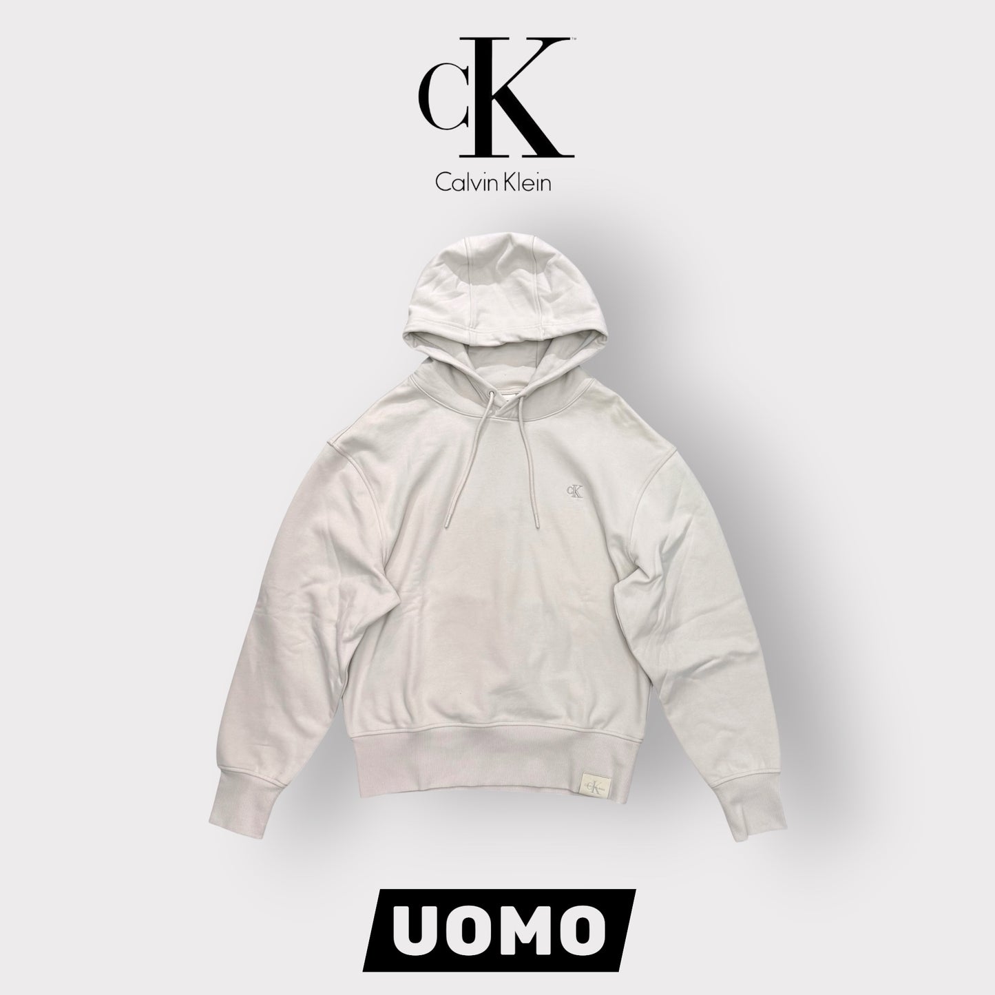 CALVIN KLEIN- Felpa Oversize estiva Uomo, con cappuccio, con logo ricamato lato cuore, tex.cotone garzato, Col.Panna