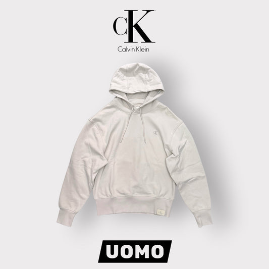 CALVIN KLEIN- Felpa Oversize estiva Uomo, con cappuccio, con logo ricamato lato cuore, tex.cotone garzato, Col.Panna