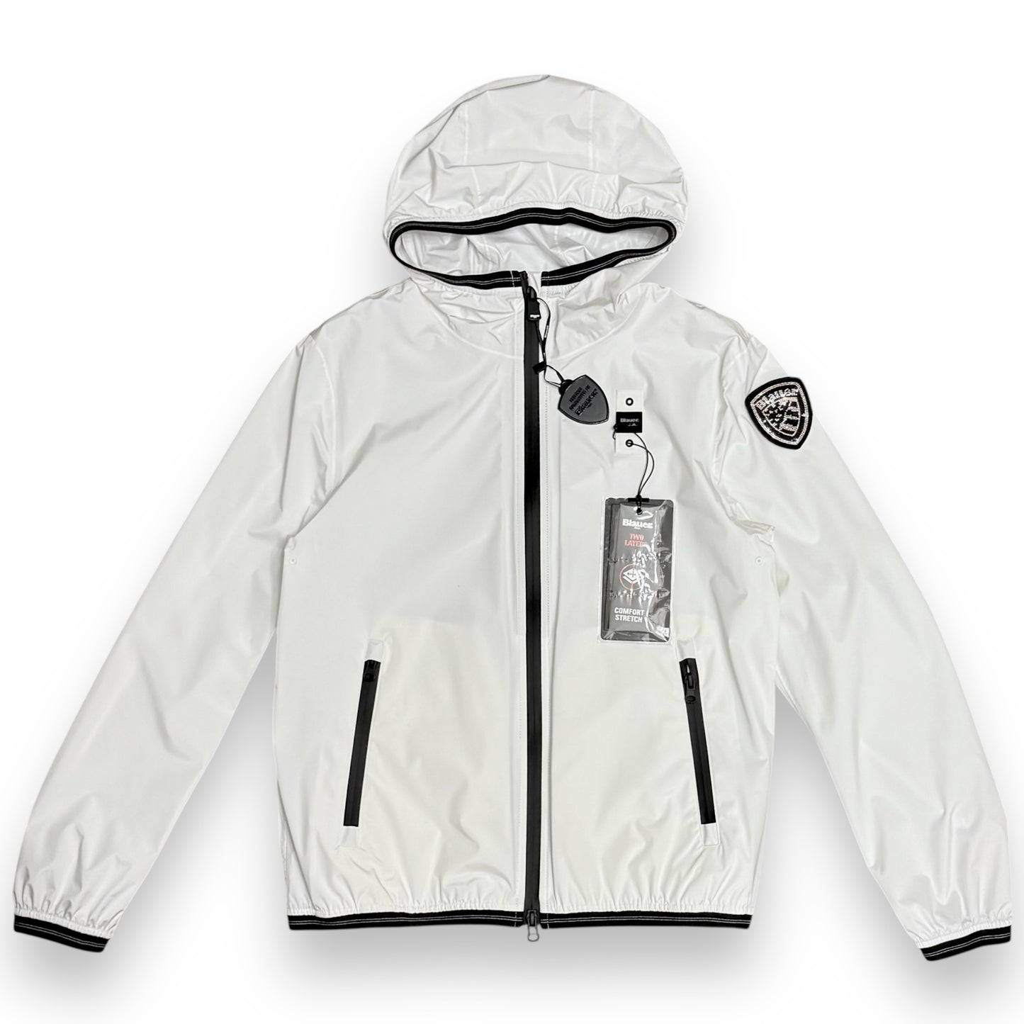 Giubbotto Blauer Donna, antivento con scudetto Swarovski e cappuccio, mod.NAY, Col.Bianco