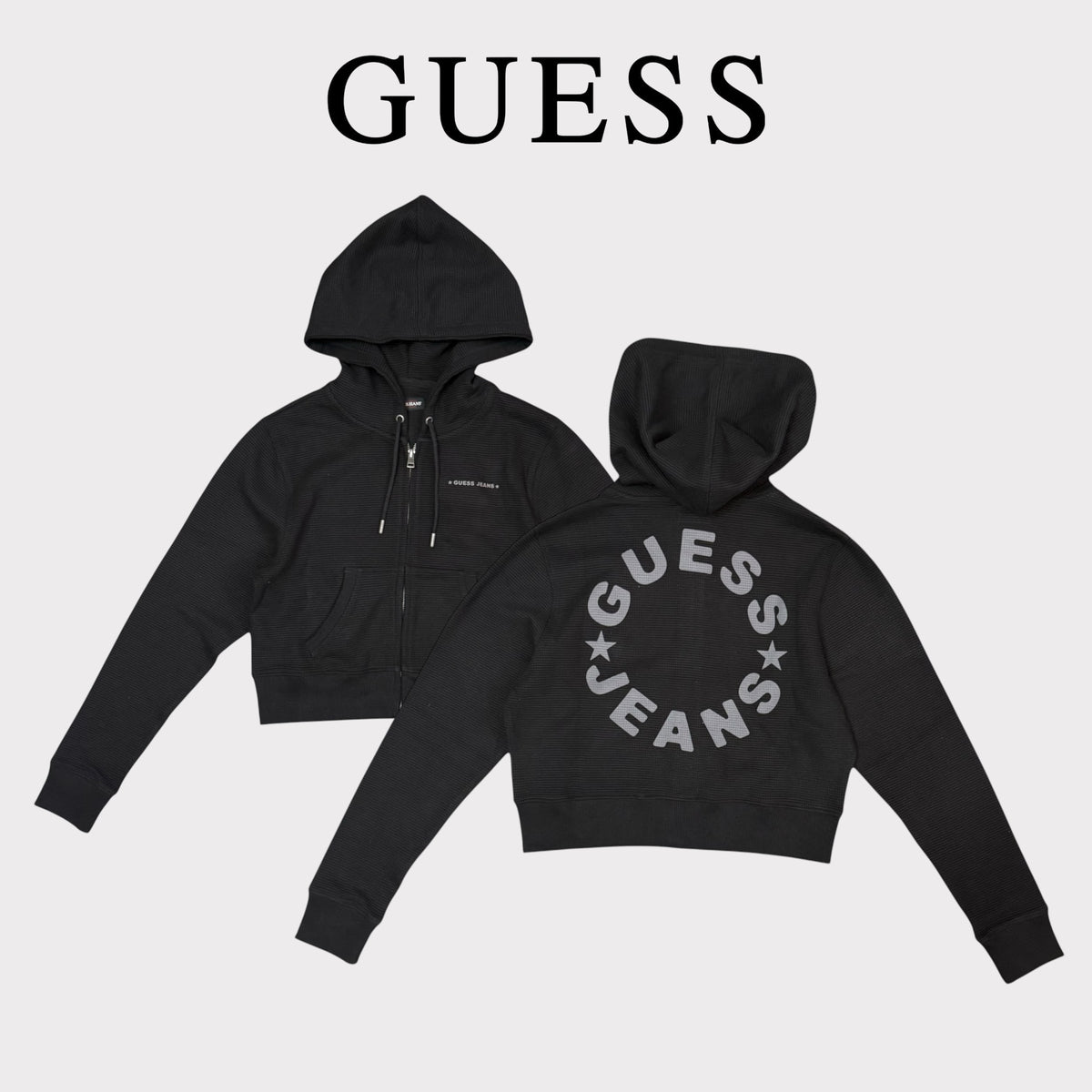 GUESS - Felpa Donna, con cappuccio e zip, con stampa schienale, Col.Nero