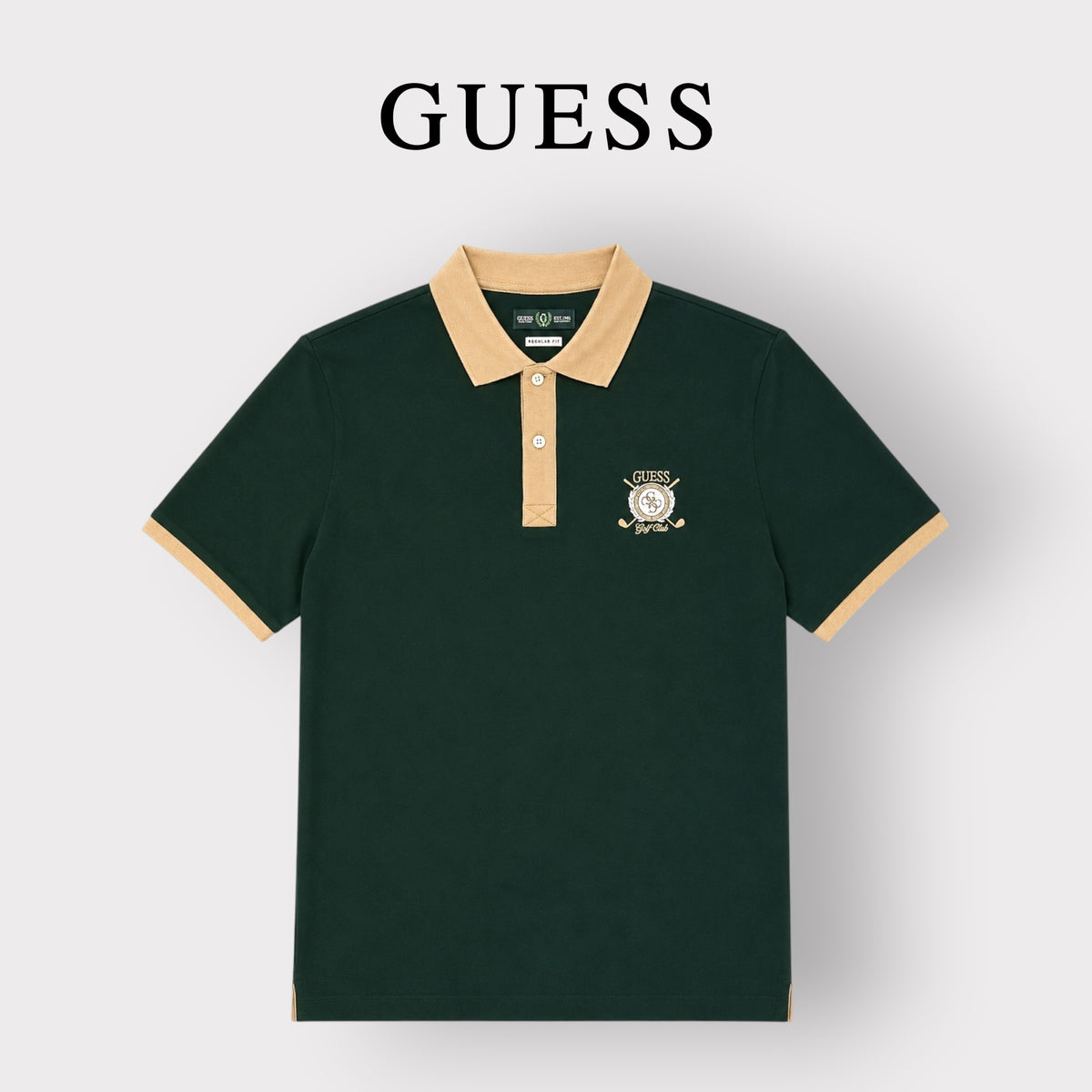 GUESS- Polo Uomo, Regular Fit, con logo lato cuore stampato e colletto beige, Col.Verde