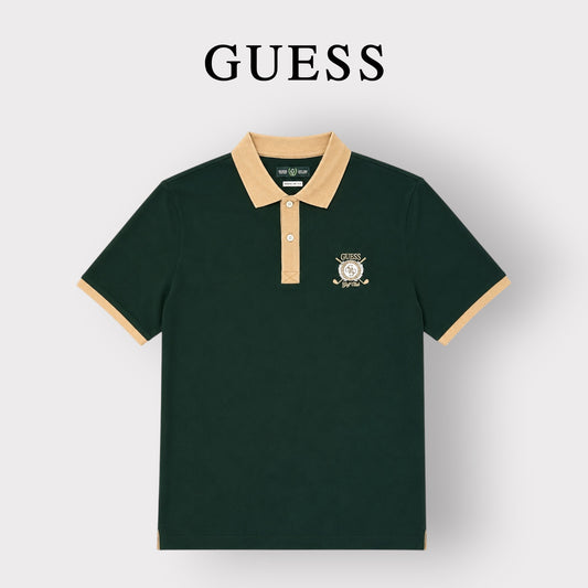 GUESS- Polo Uomo, Regular Fit, con logo lato cuore stampato e colletto beige, Col.Verde