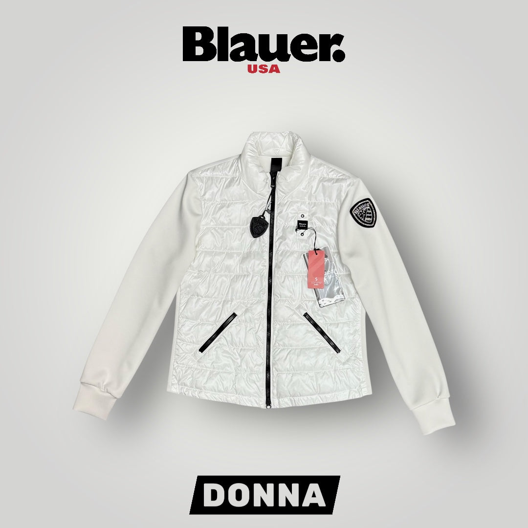 Giubbotto Blauer Donna, piumino 70g con inseriti in neoprene e scudetto Swarovski, senza cappuccio, mod.HASKEL, Col.Bianco