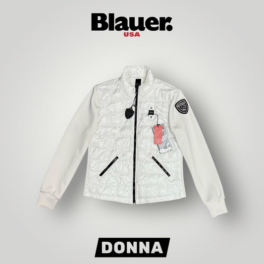 Giubbotto Blauer Donna, piumino 70g con inseriti in neoprene e scudetto Swarovski, senza cappuccio, mod.HASKEL, Col.Bianco
