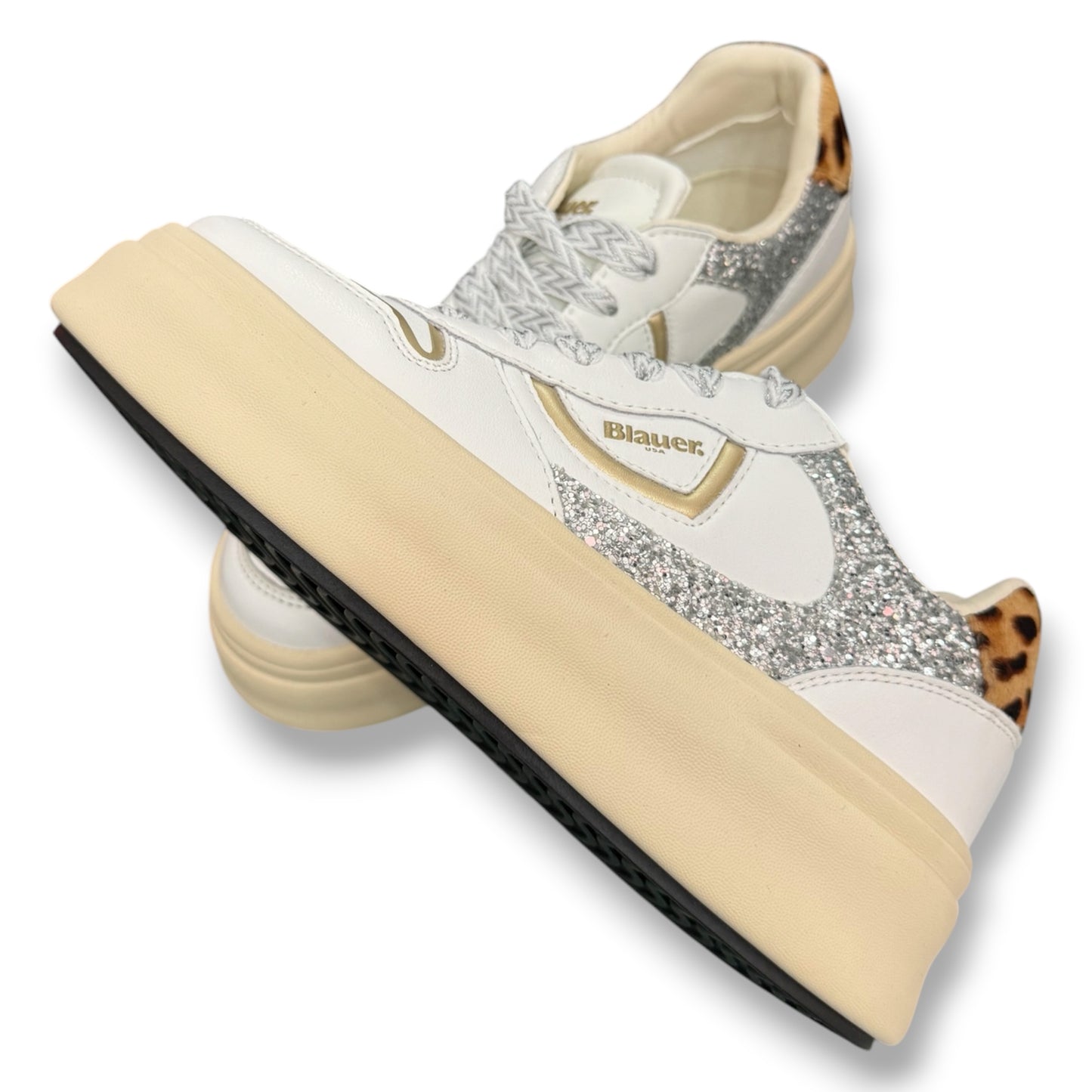BLAUER - Scarpe Donna, con paillettes e dettaglio leopardato, col.Bianco
