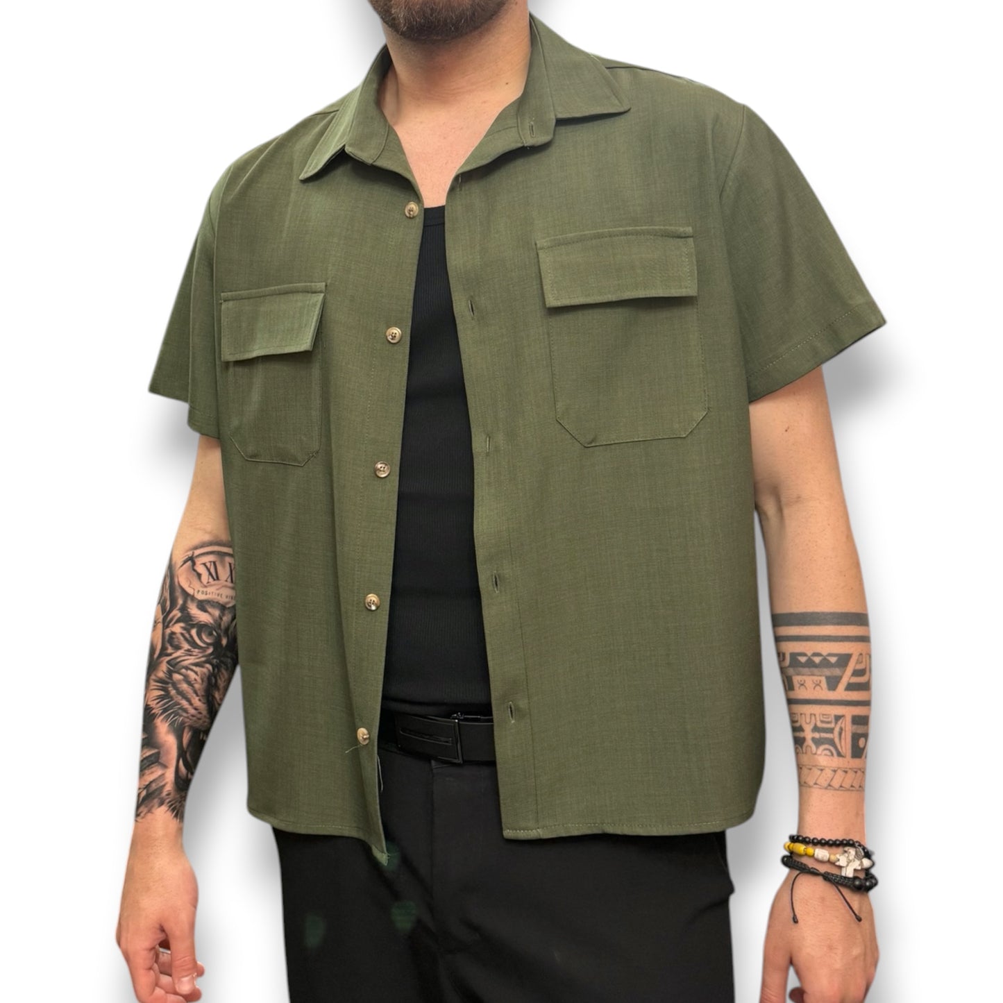 AFTER 91- Camicia Uomo mezza manica,Boxy Fit, Col.Verde