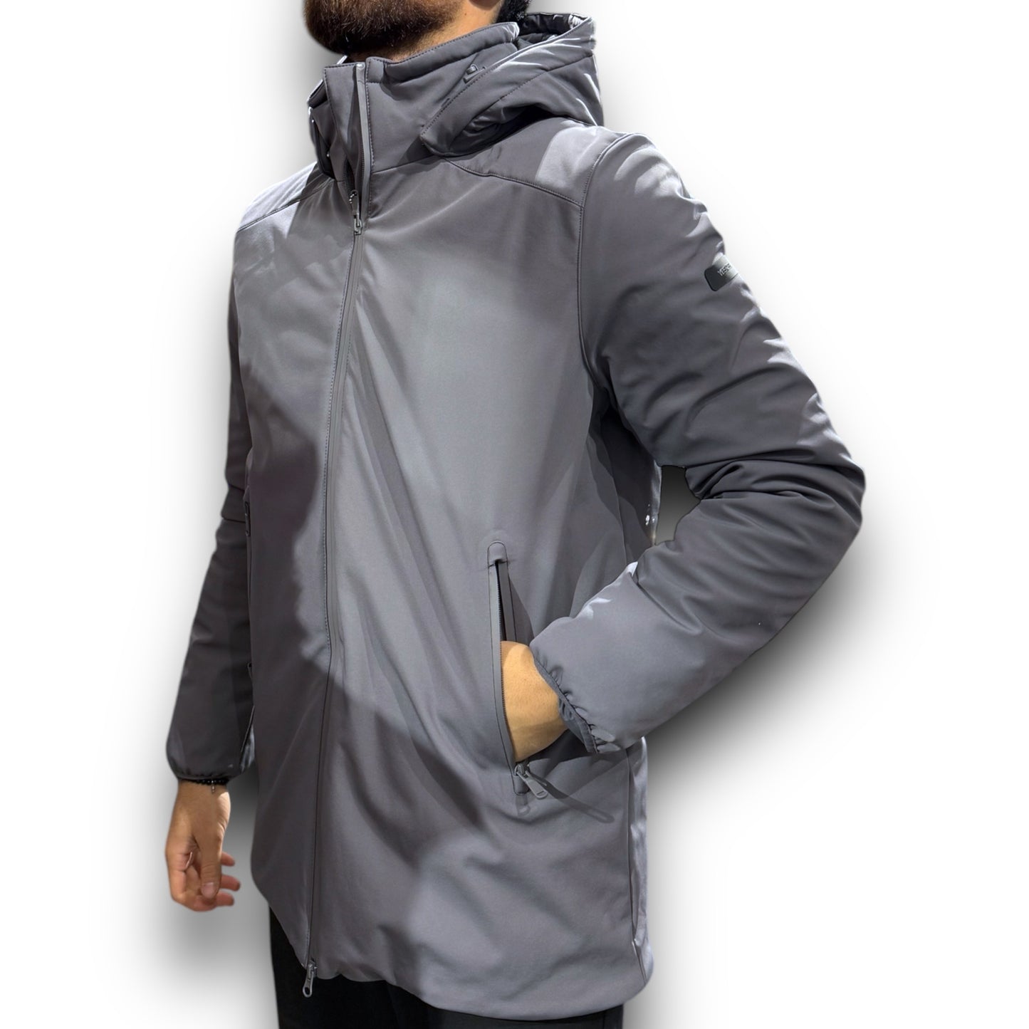 Giubbotto Softshell lungo YES-ZEE Uomo, Cappuccio sganciabile, Slim Fit, Col. Grigio