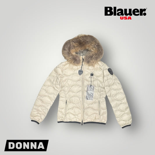 Giubbotto BLAUER Donna con pelliccia e scudetto in Swarovski, Col.Champagne (Imbott.Piuma)