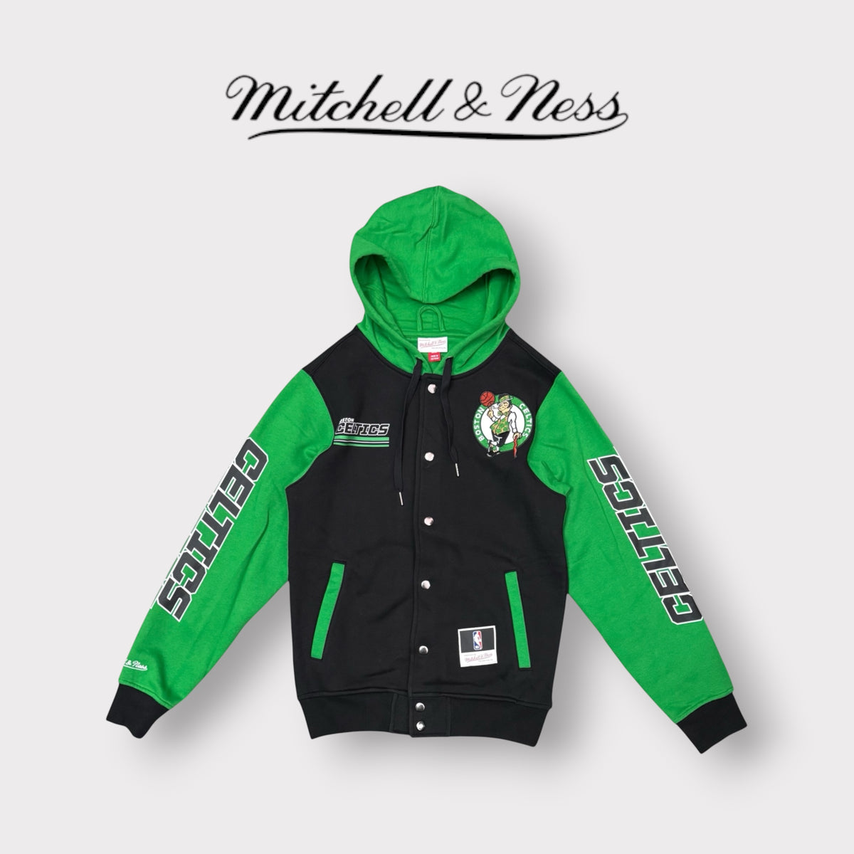 MITCHELL & NESS - Felpa Uomo BOSTON CELTICS con cappuccio, con bottoni, tex.felpato, Col.Nero/Verde