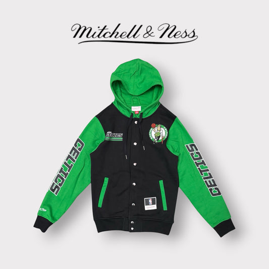MITCHELL & NESS - Felpa Uomo BOSTON CELTICS con cappuccio, con bottoni, tex.felpato, Col.Nero/Verde