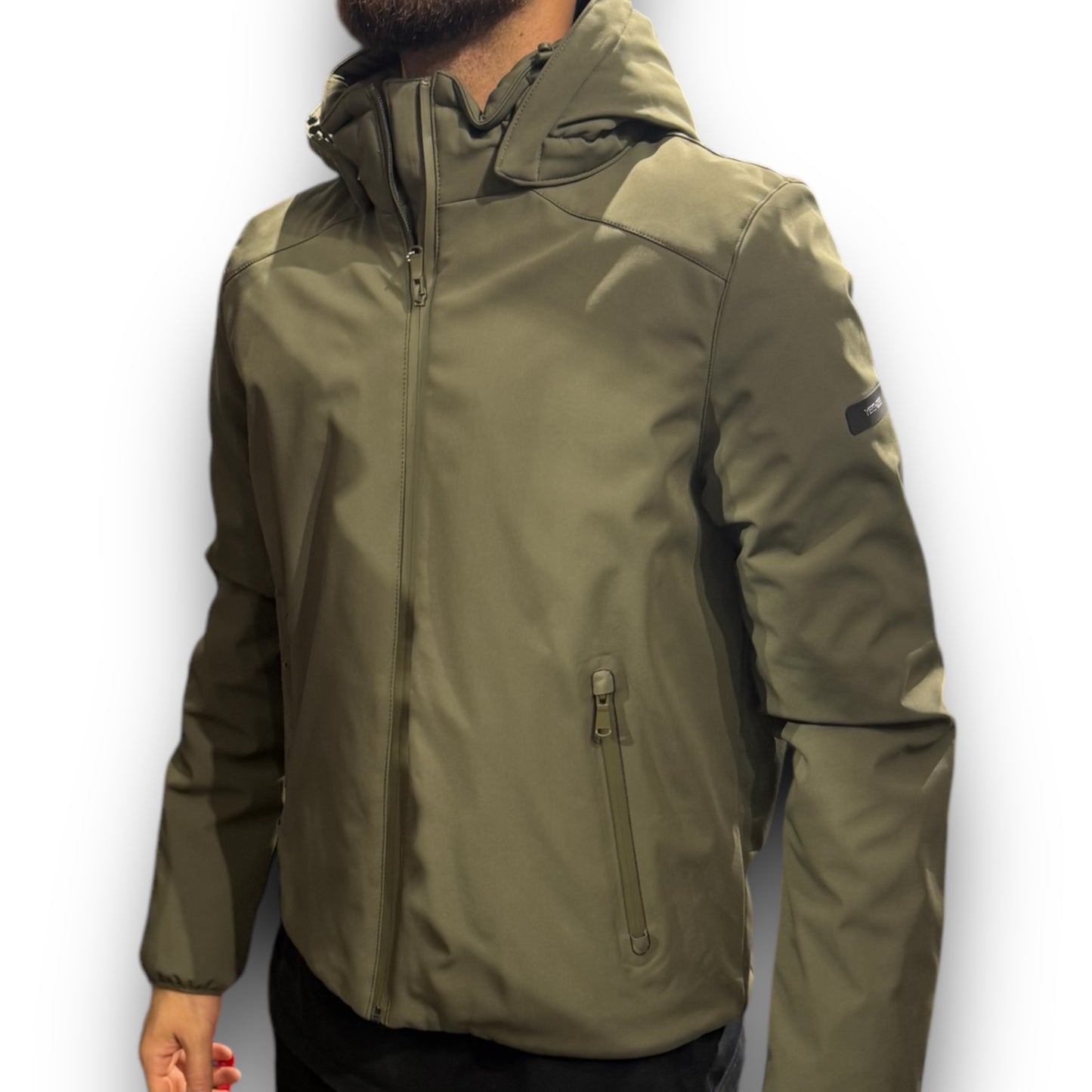 Giubbotto Softshell Corto YES-ZEE Uomo, Cappuccio sganciabile, Slim Fit, Col. Verde