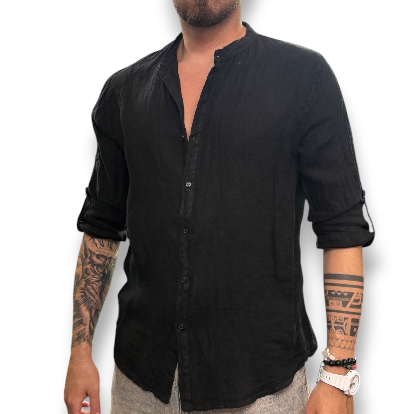 Camicia senza colletto, Tex.Lino, Col.Nero