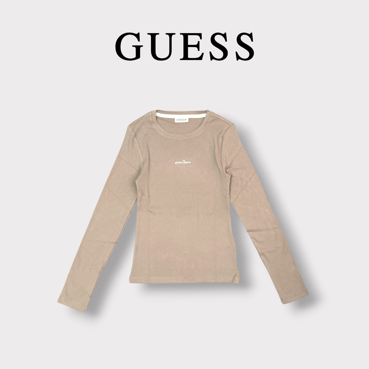GUESS JEANS- T-shirt Donna, manica lunga, tex.costine, con scritta ricamata frontale, Col.Fango