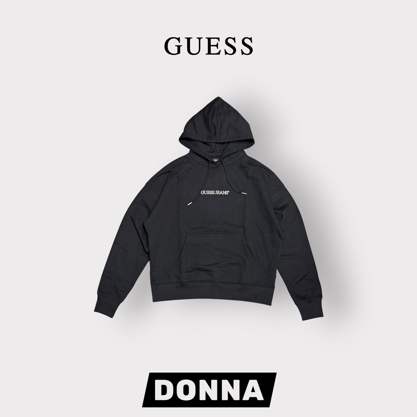 GUESS-Felpa estiva Donna, con cappuccio e ricamo frontale, tex.cotone garzato, Col.Nero