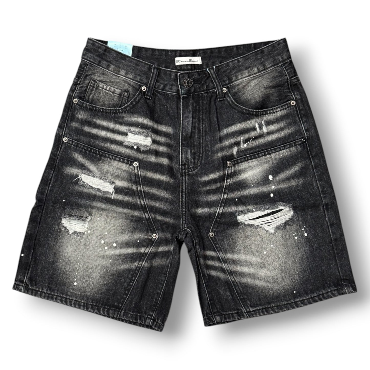 BRUNO LEONI - Bermuda Uomo Carpenter strappato (lunghezza sopra al ginocchio), Col.Denim Nero