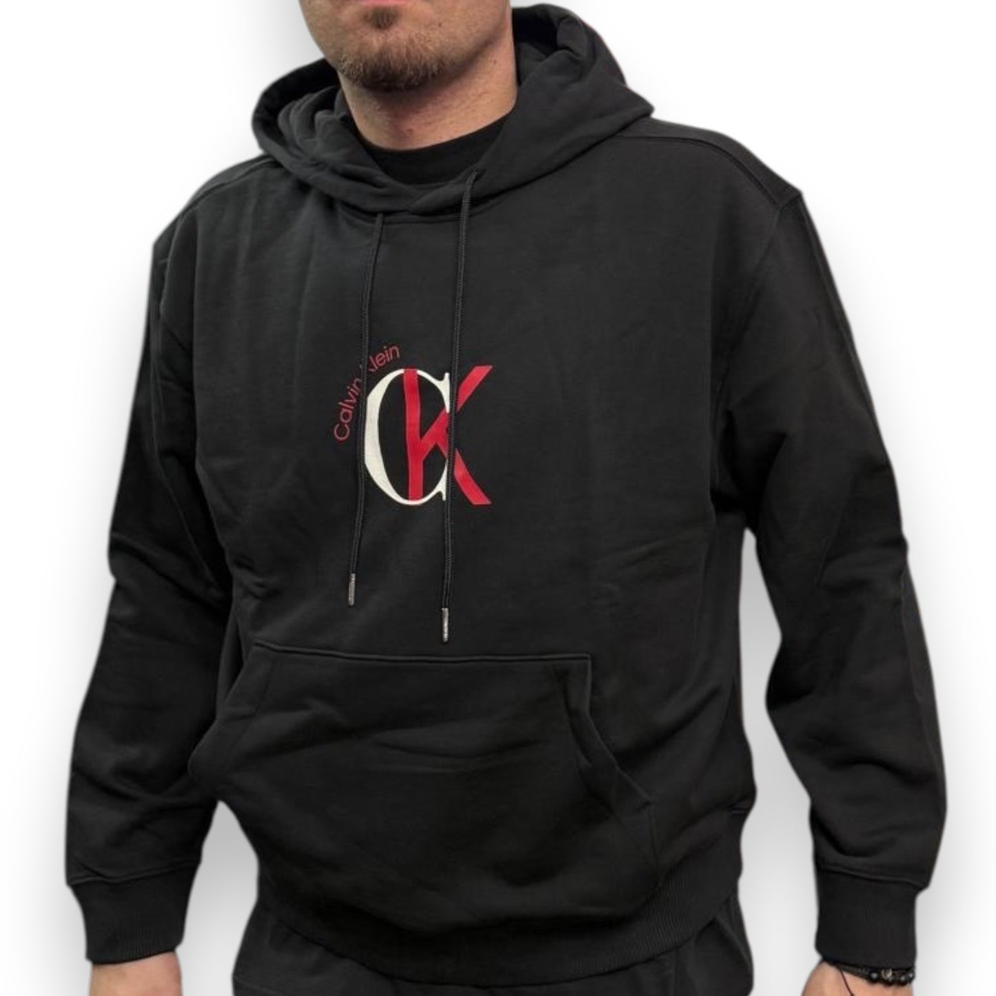 CALVIN KLEIN- Felpa Oversize estiva Uomo, con cappuccio e stampa frontale, tex.cotone garzato, Col.Nero