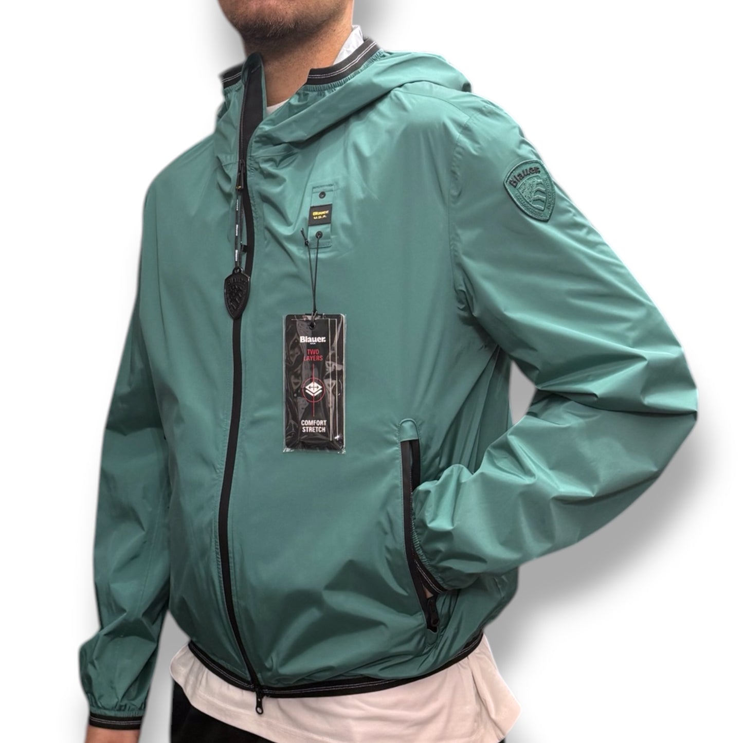 Giubbotto BLAUER Uomo, antivento con cappuccio, mod.FARRIN, Col.Verde