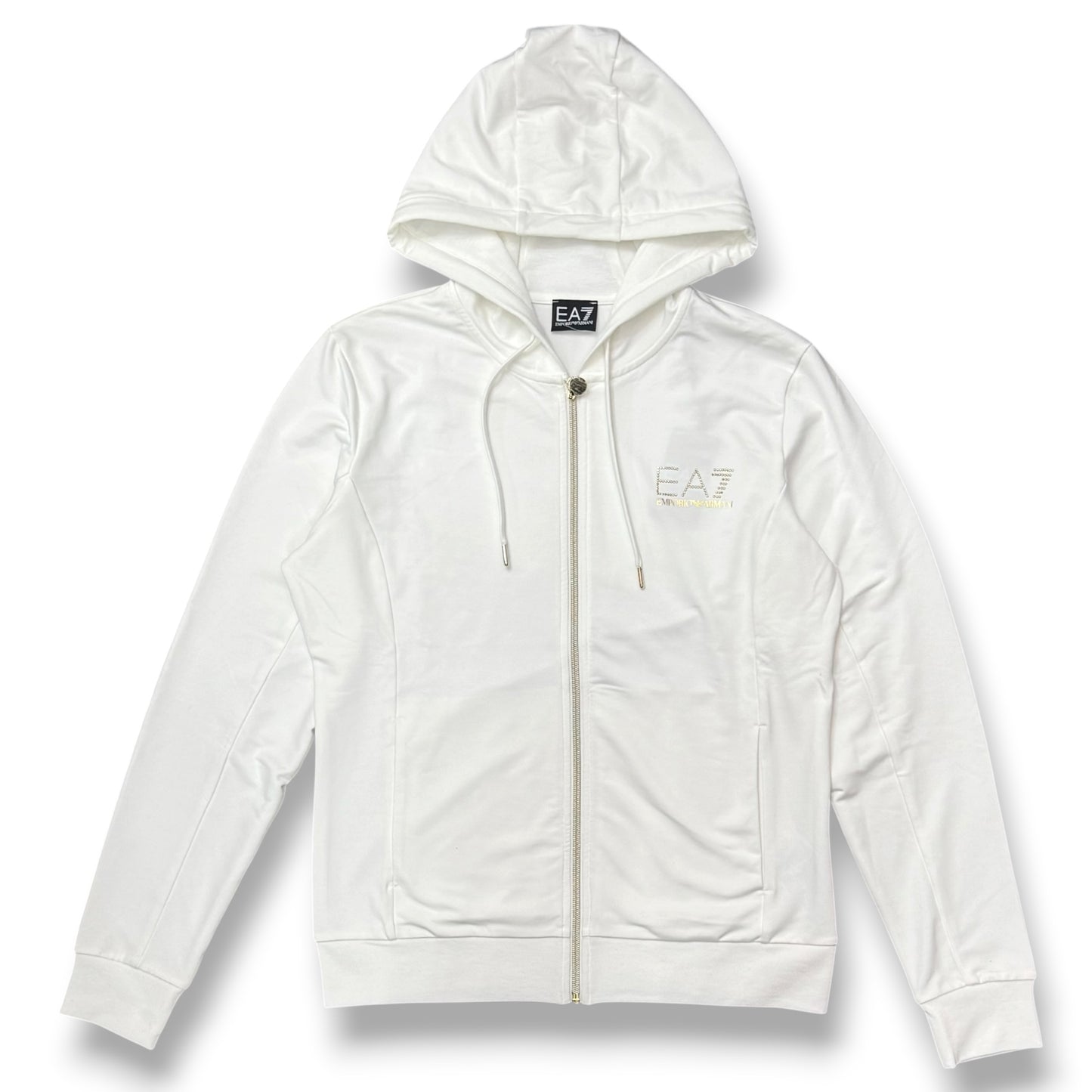 EA7 EMPORIO ARMANI- Tuta completa Donna con cappuccio con zip, con logo brillantinato lato cuore, primaverile, col.Bianco