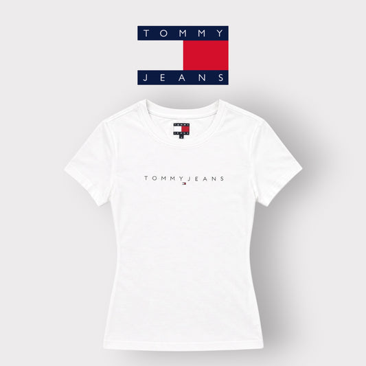 TOMMY JEANS- T-shirt Donna, con scritta in rilievo, Slim Fit, col.Bianco