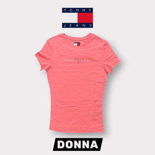 TOMMY JEANS- T-shirt Donna, con scritta in rilievo, Slim Fit, col.Rosa