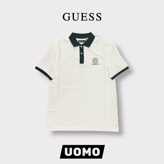 GUESS- Polo Uomo, Regular Fit, con logo lato cuore stampato e colletto verde, Col.Bianco