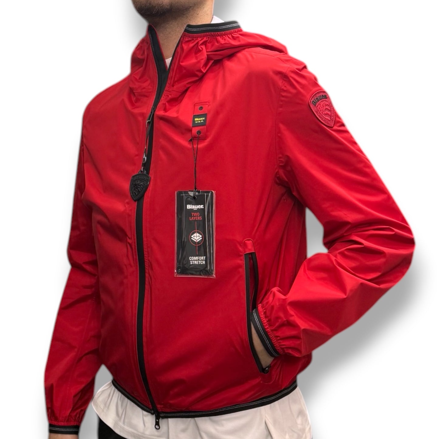 Giubbotto BLAUER Uomo, antivento con cappuccio, mod.FARRIN, Col.Rosso