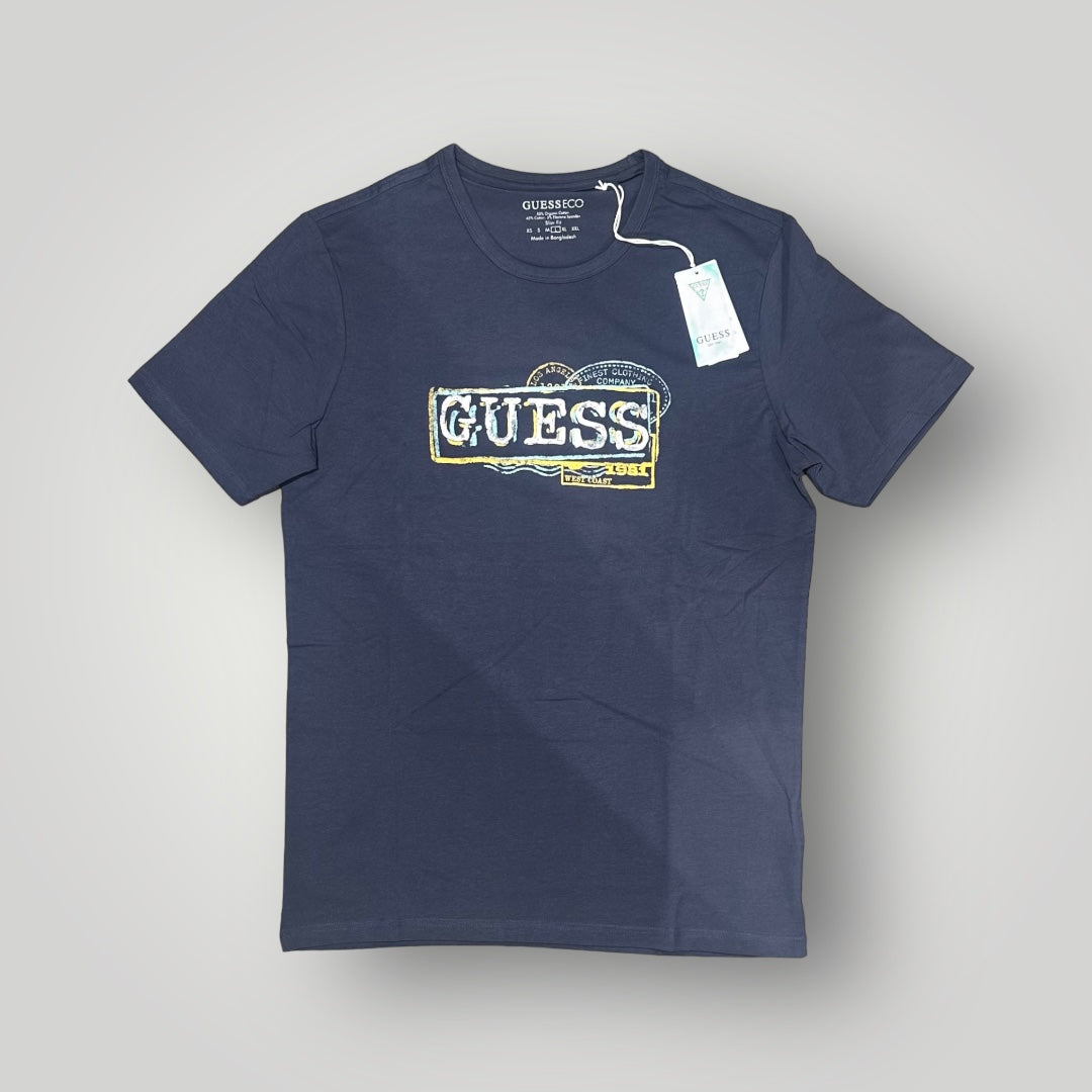 T-shirt GUESS con stampa frontale colorata in rilievo, Slim Fit, col. blu