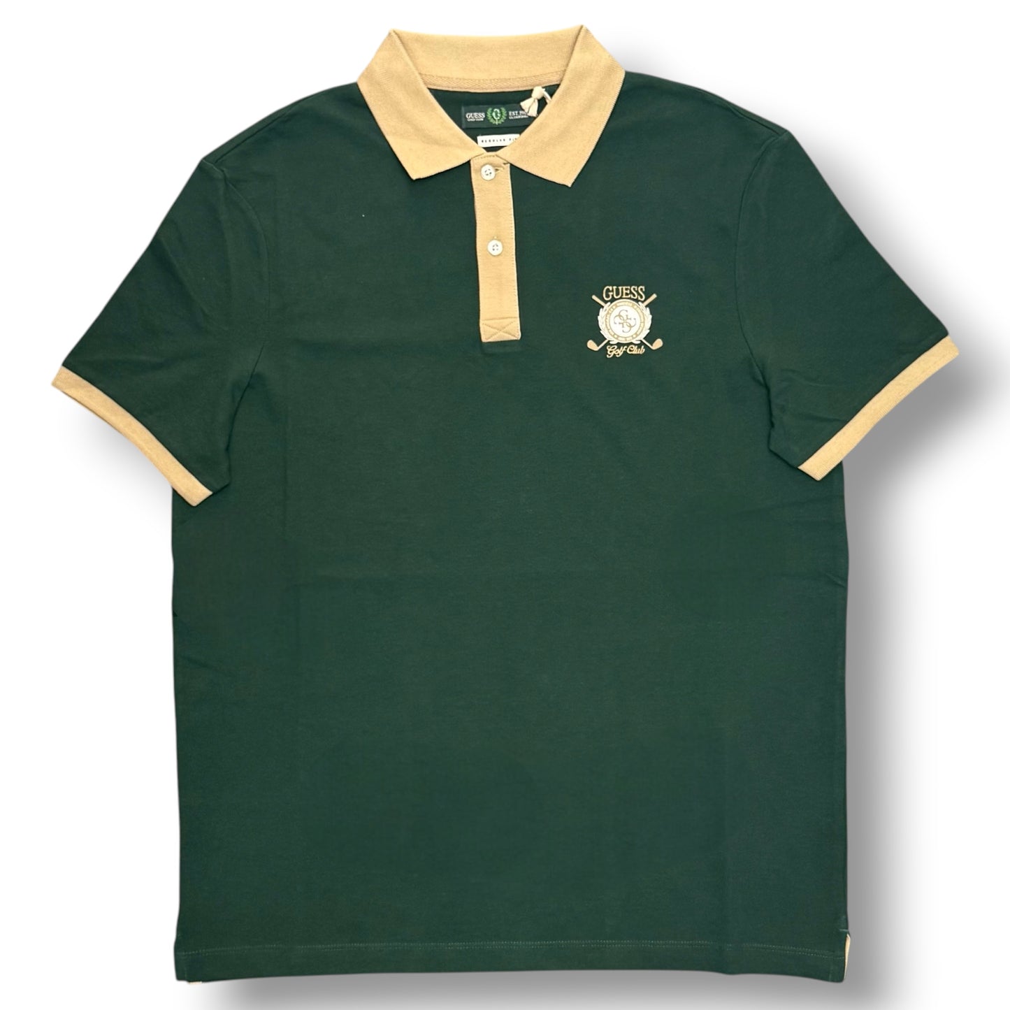 GUESS- Polo Uomo, Regular Fit, con logo lato cuore stampato e colletto beige, Col.Verde