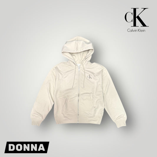 Felpa CALVIN KLEIN Donna con cappuccio e zip, tex. cotone garzato, Col.Beige