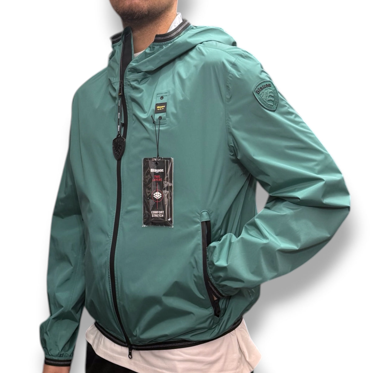 Giubbotto BLAUER Uomo, antivento con cappuccio, mod.FARRIN, Col.Verde