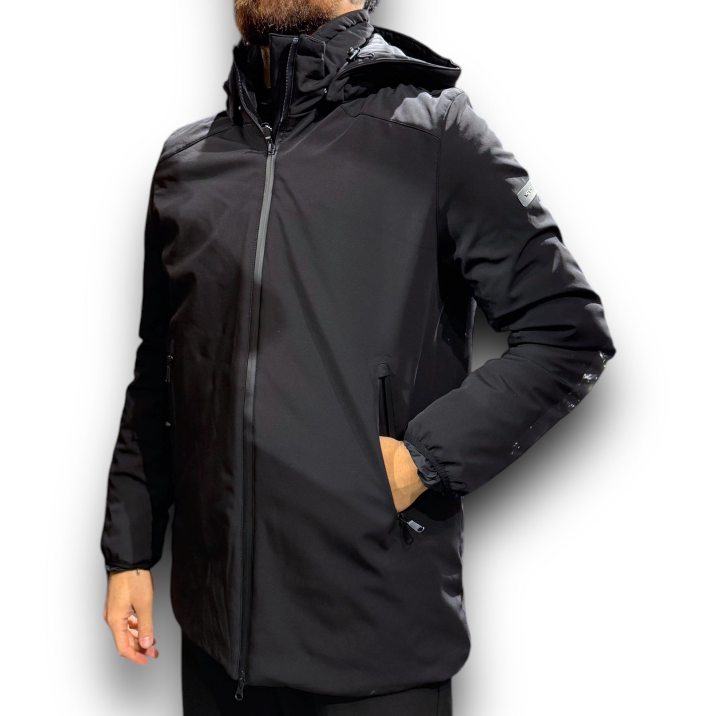 Giubbotto Softshell lungo YES-ZEE Uomo, Cappuccio sganciabile, Slim Fit, Col. Nero