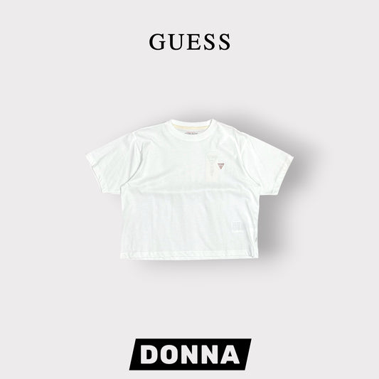 GUESS JEANS- T-shirt Donna, BoxyFit, con logo lato cuore, col.Bianco