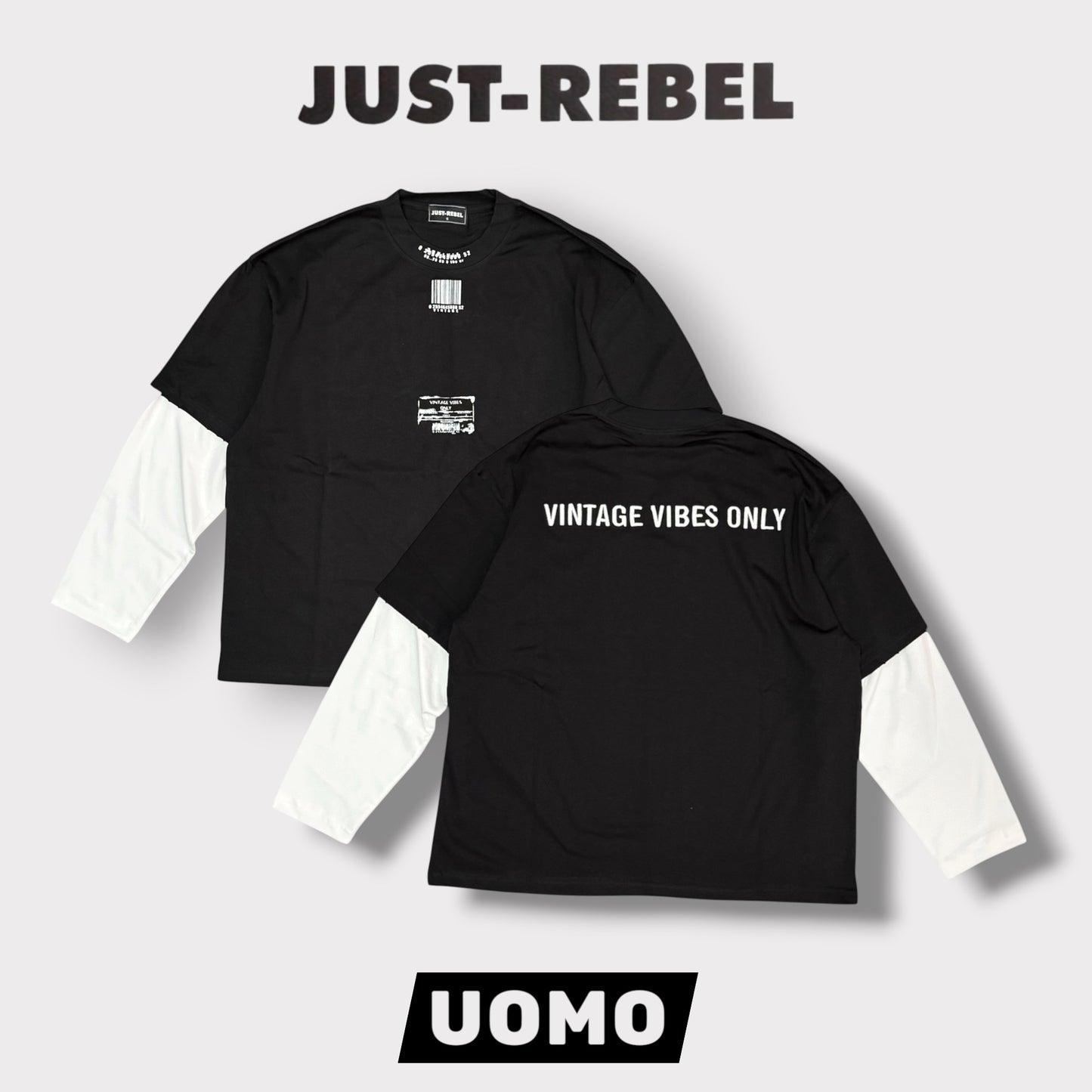 JUST RIBEL - T-Shirt Uomo, (veste comoda), con stampa schienale, Col.Nero