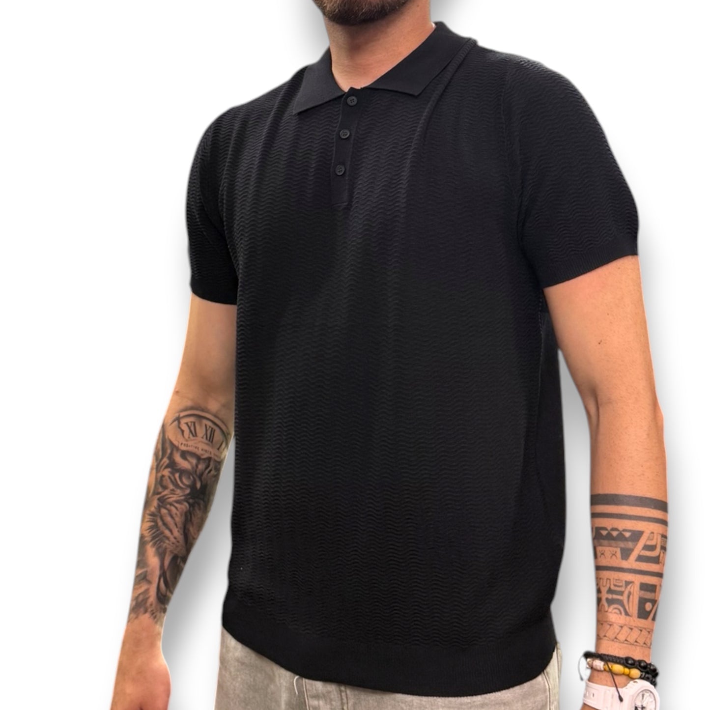 BRUNO LEONI - Polo Uomo con bottoni, in filo, Col.Nero