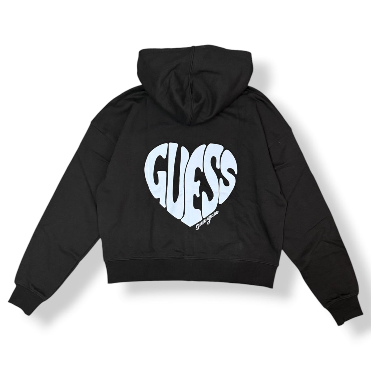 GUESS - Felpa Donna, con cappuccio e zip, con stampa schienale, tex.Garzato, (Oversize), Col.Nero