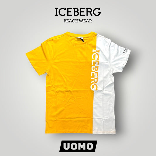 ICEBERG BEACHWEAR- T-shirt Uomo, stampa verticale, col.Giallo/Bianco