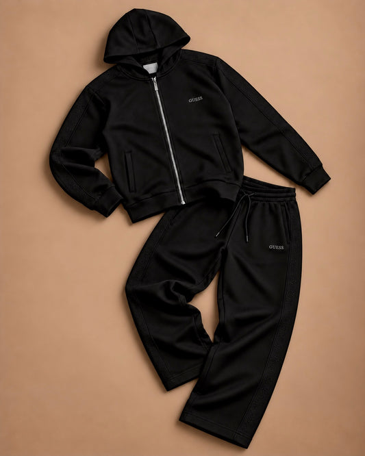 GUESS- Tuta completa Donna, con cappuccio, con banda laterale tono su tono, Col.Nero