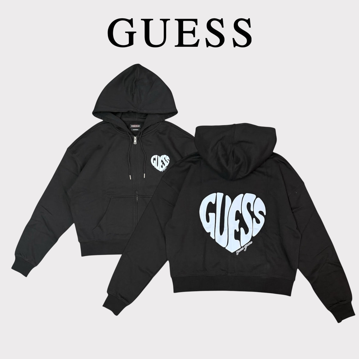 GUESS - Felpa Donna, con cappuccio e zip, con stampa schienale, tex.Garzato, (Oversize), Col.Nero