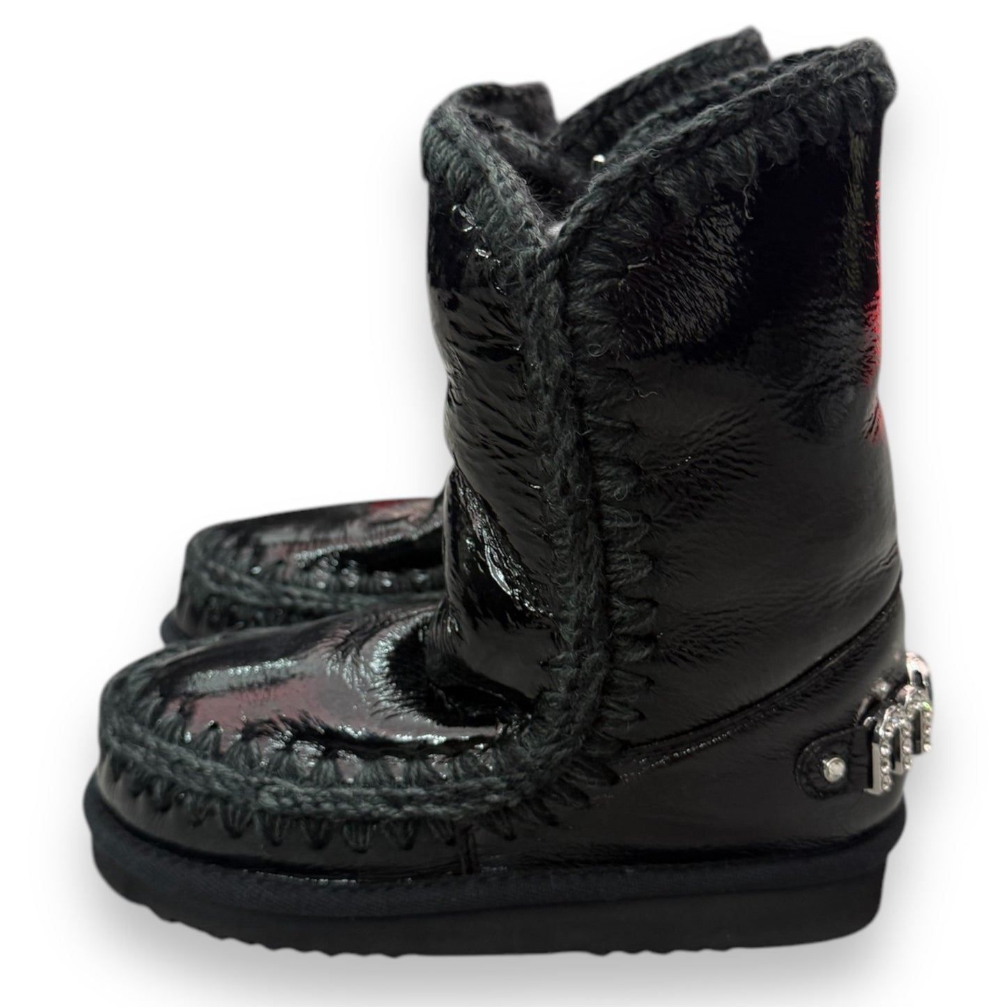 Stivaletto MOU Donna, Eskimo 24 ,Vera pelle di montone, Col. Nero lucido (patent black), Logo Rhinestone