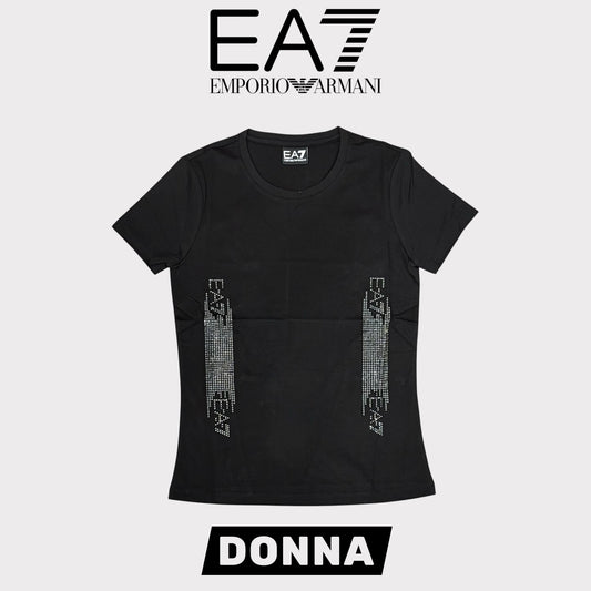 EMPORIO ARMANI- T-shirt Donna, con logo brillantinato sui fianchi, col.Nero