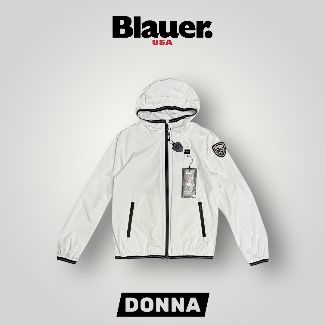 Giubbotto Blauer Donna, antivento con scudetto Swarovski e cappuccio, mod.NAY, Col.Bianco