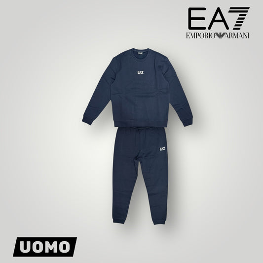 Tuta Completa EA7 felpata a girocollo con stampa piccola centrale,Col.Blu