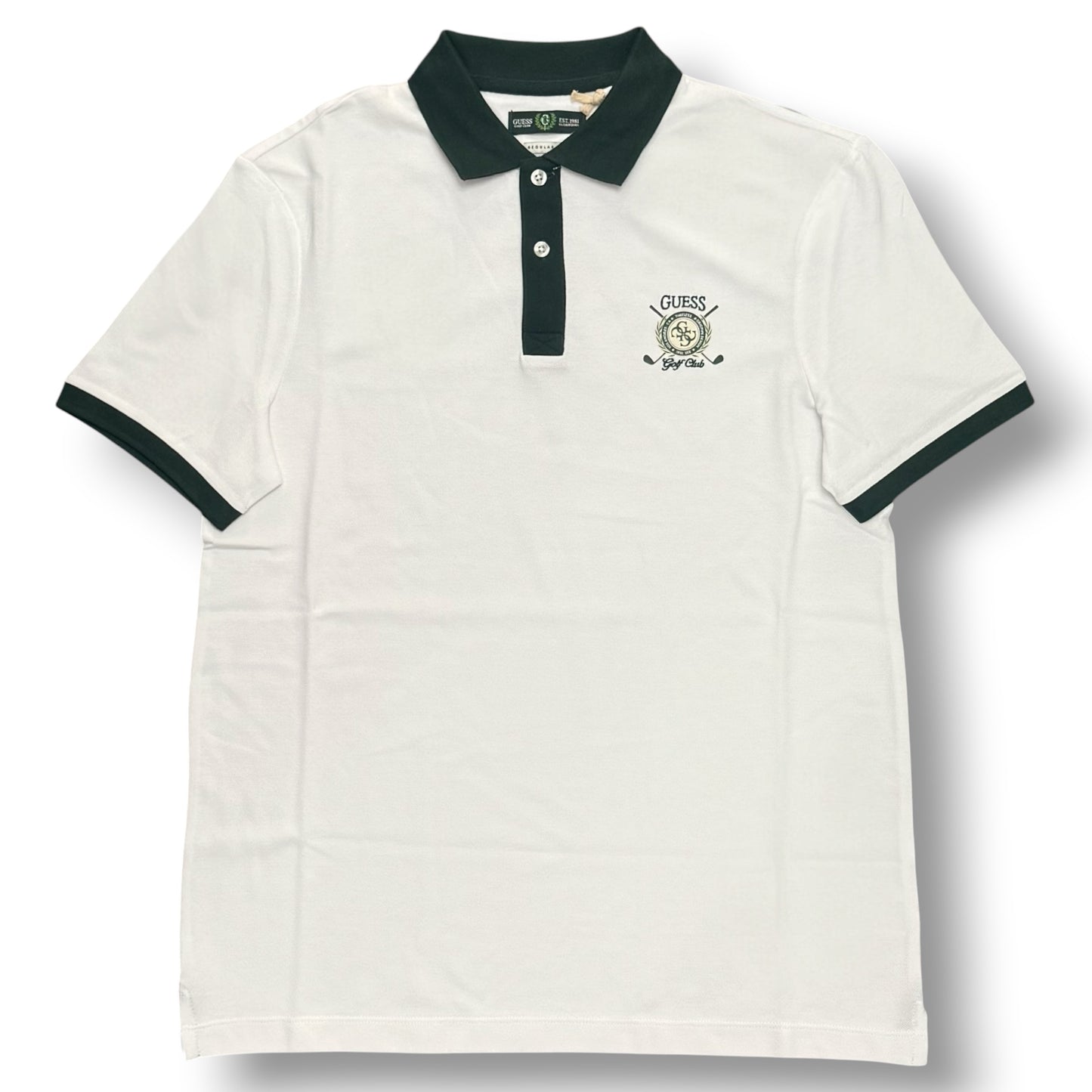 GUESS- Polo Uomo, Regular Fit, con logo lato cuore stampato e colletto verde, Col.Bianco
