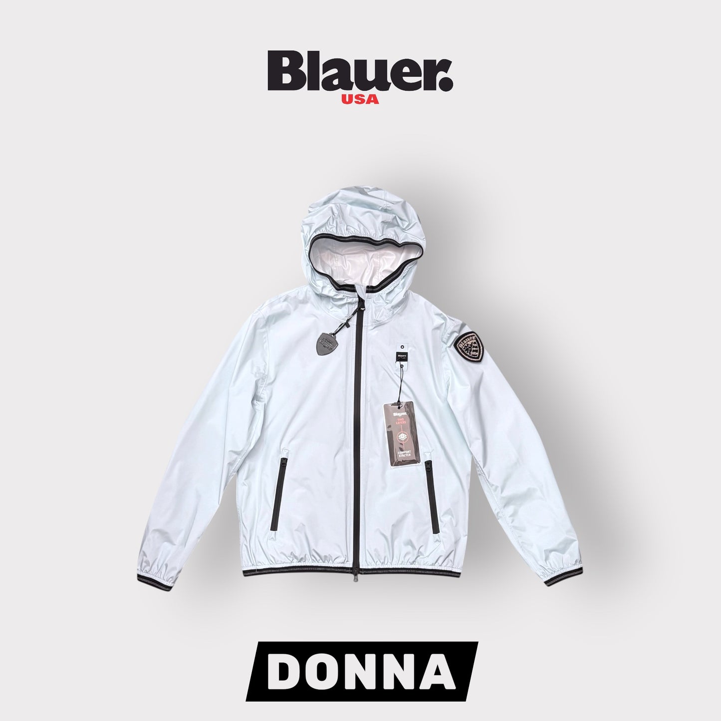 Giubbotto Blauer Donna, antivento con scudetto Swarovski e cappuccio, mod.NAY, Col.Celeste
