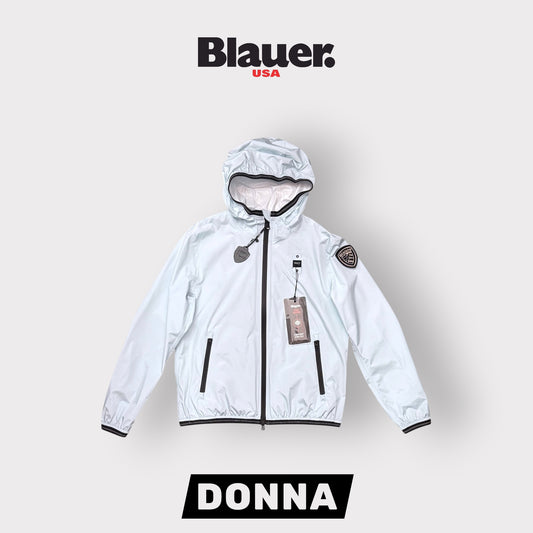 Giubbotto Blauer Donna, antivento con scudetto Swarovski e cappuccio, mod.NAY, Col.Celeste
