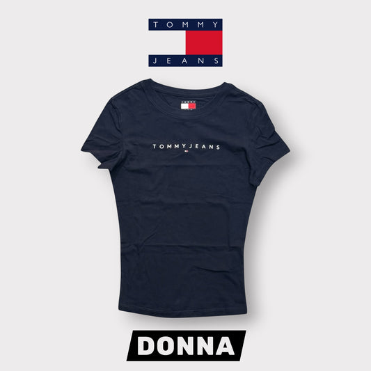 TOMMY JEANS- T-shirt Donna, con scritta in rilievo, Slim Fit, col.Blu