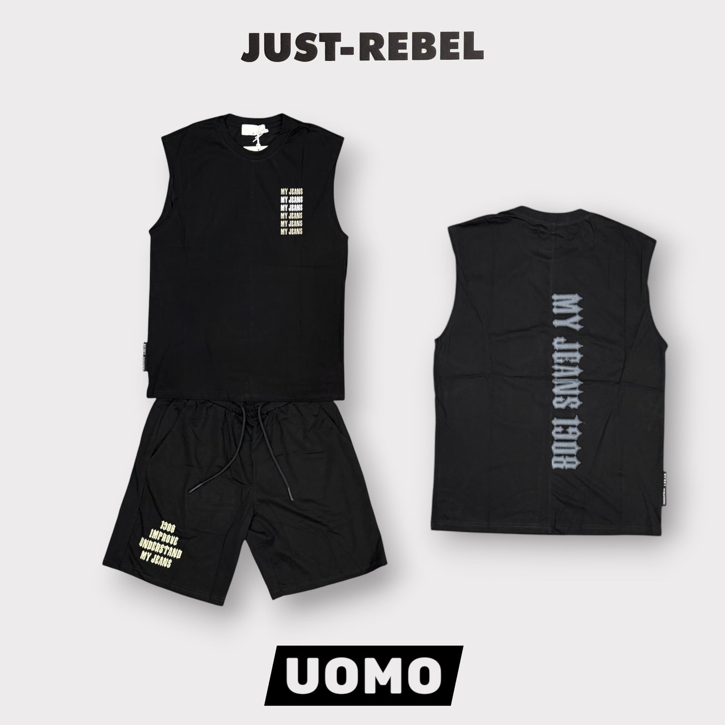 JUST REBEL - Completino estivo Uomo con stampa schienale, Col.Nero