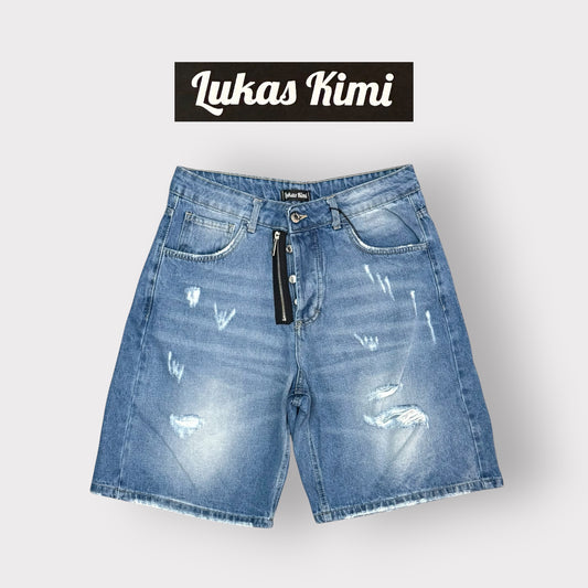 LUKAS KIMI - Bermuda Uomo, con zip laterale, (lunghezza sopra al ginocchio), Col.Denim