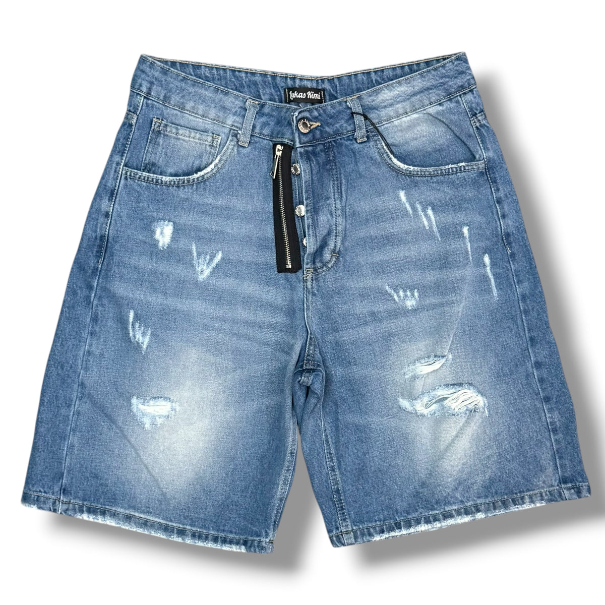 LUKAS KIMI - Bermuda Uomo, con zip laterale, (lunghezza sopra al ginocchio), Col.Denim